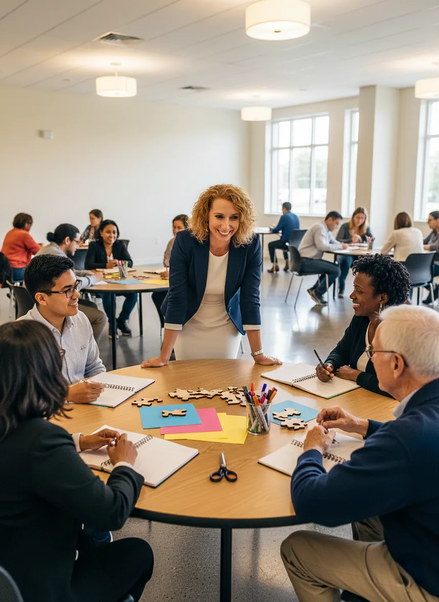 Melissa Montgomery leading a workshop table where participants work with blank puzzle pieces and notebooks.